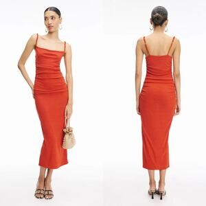Nanushka Alexa Dress Sleeveless Square Neck Ruched Midi Bodycon Red Orange L